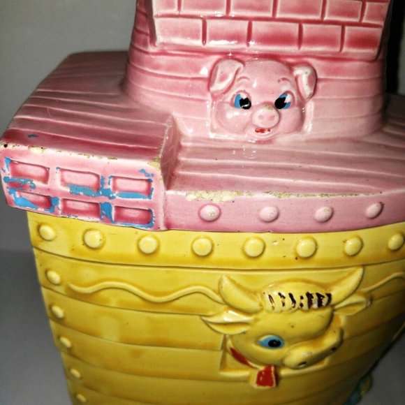 Vintage 1950s ‘Boat Cookie Jar’ Yellow Pink Animal Noahs Arc Retro Ceram… - Picture 3 of 11